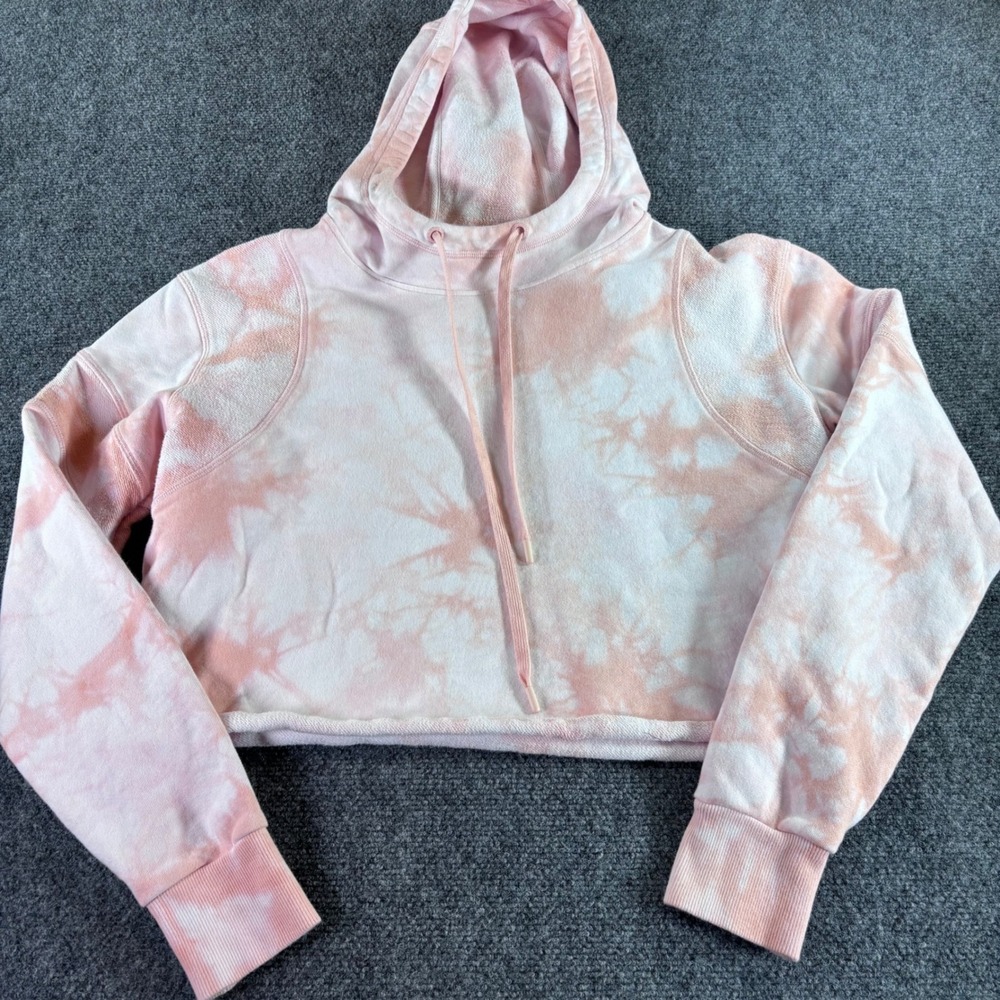 Lorna Jane Uniquely Hoodie Womens M Pink Tie Dye Cropped Raw Hem Sweatshirt